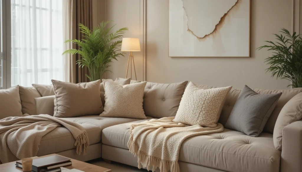 Cozy Home Interiors for Warm and Inviting Spaces 6 Comfortable living room with soft sofa, pillows, and throws.