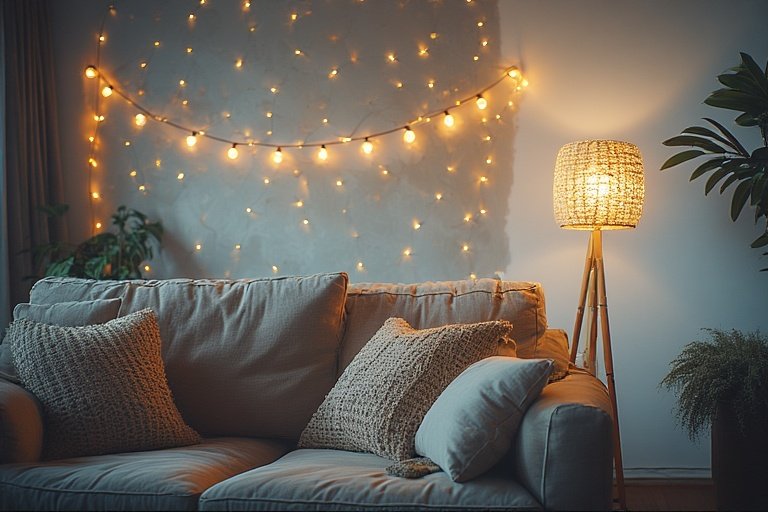 16 Affordable Cozy Home Decor for Modern Interiors 3 Living room with layered warm lighting, string lights, and a rattan floor lamp.