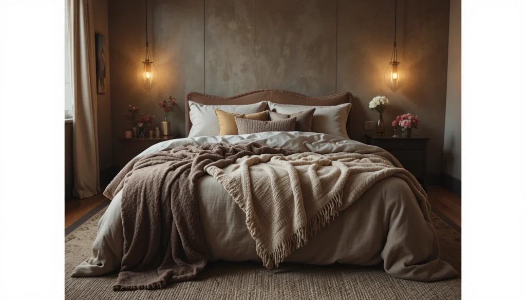 Modern Bedroom Ideas for a Dreamy Space 9 Bedroom styled with layered blankets and cushions creating comfort and visual richness.