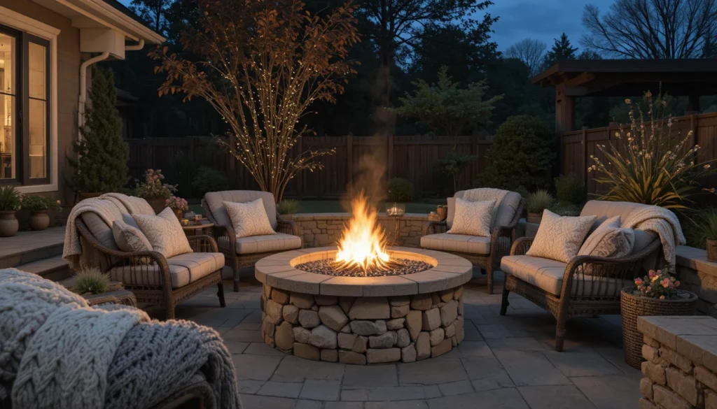 Cozy Patio Fire Pit Ideas for a Warm Outdoor Space 14 Cushions and throws around a fire pit on cozy night patio.