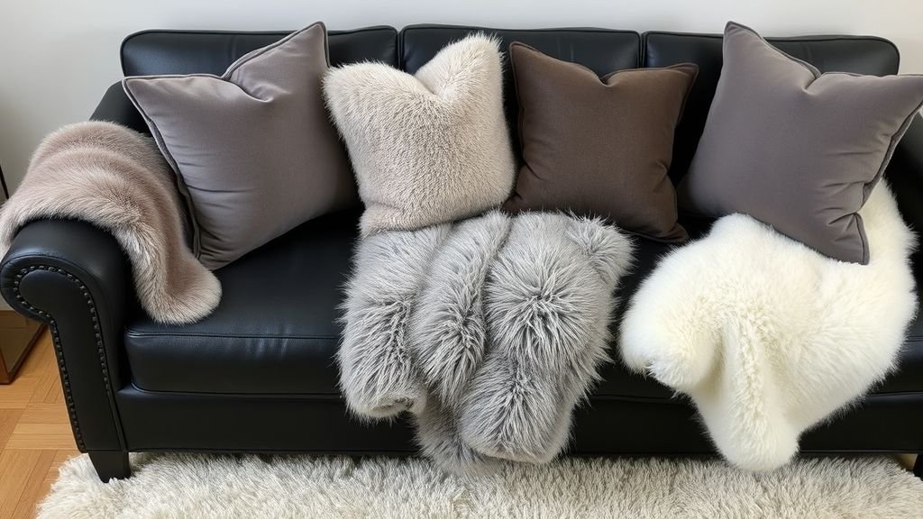 12 Stunning Black Couch Living Room Ideas with Style 6 Black sofa with velvet cushions, fur throws, and cream rug creating a cozy, textured setting.