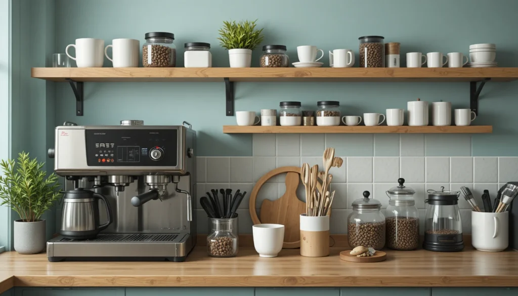 Kitchen Organization Ideas for a Beautiful and Functional Home 6 Organized coffee and beverage station with mugs, espresso machine, and storage jars.