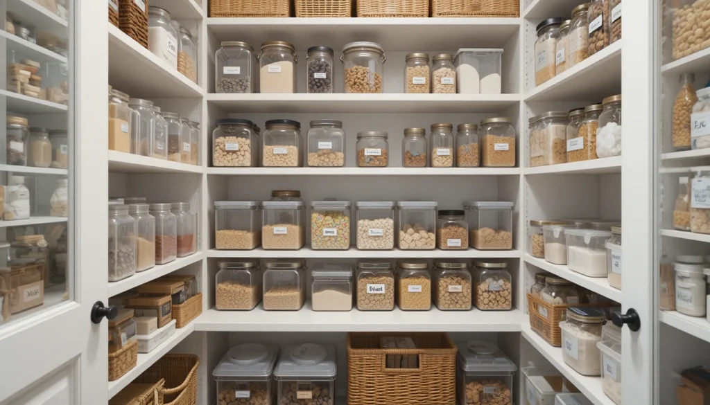 Kitchen Organization Ideas for a Beautiful and Functional Home 6 Organized pantry with labeled jars, bins, and baskets creating an efficient storage system.