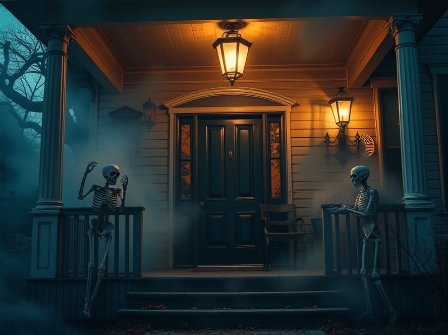 Halloween Porch & Outdoor Decorations 2 Spooky Halloween porch creating a chilling first impression with fog, skeletons, and eerie lights