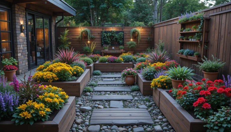 Modern DIY home garden with colorful flowers, wooden planters, and stone pathways in a vibrant outdoor setting.