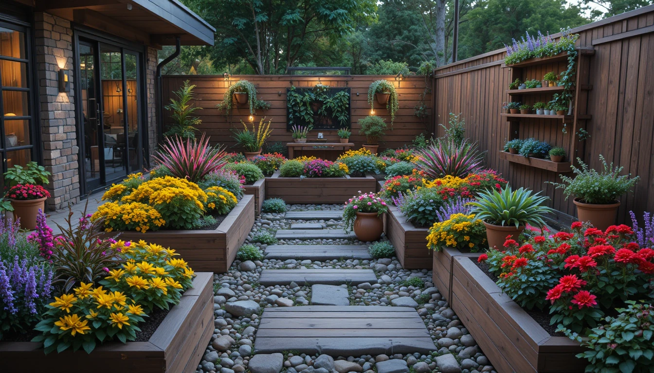 Modern DIY home garden with colorful flowers, wooden planters, and stone pathways in a vibrant outdoor setting.