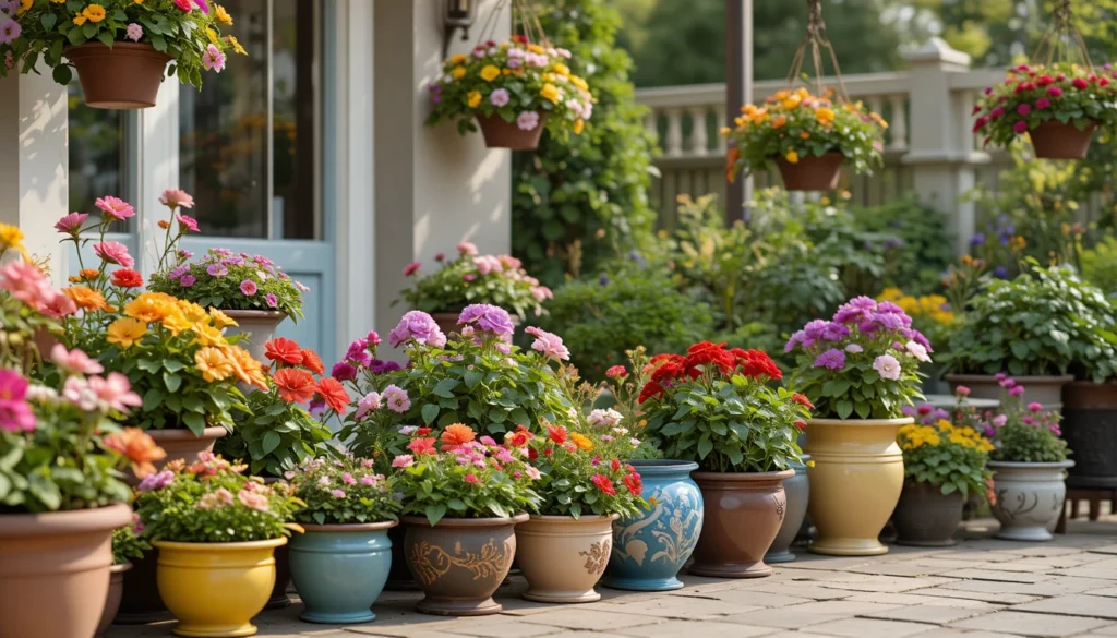 Home Garden Ideas for a Beautiful and Peaceful Outdoor Space 9 Garden decorated with creative pots and planters showcasing vibrant flowers.