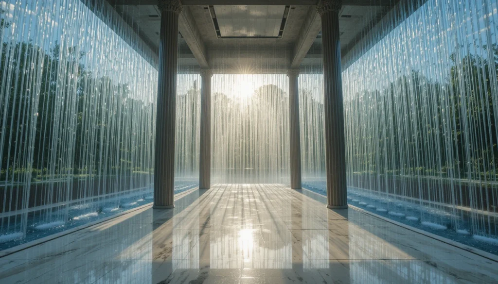 Backyard Water Features for a Tranquil Outdoor Escape 8 Modern glass pavilion with water curtain and rainbow light reflections