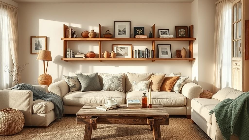 Cozy Home Interiors That Speak Emotion and Style 13 Full view of a cozy, curated living room with personal décor, natural textures, and warm sunlight — showcasing authentic, lived-in home design.
