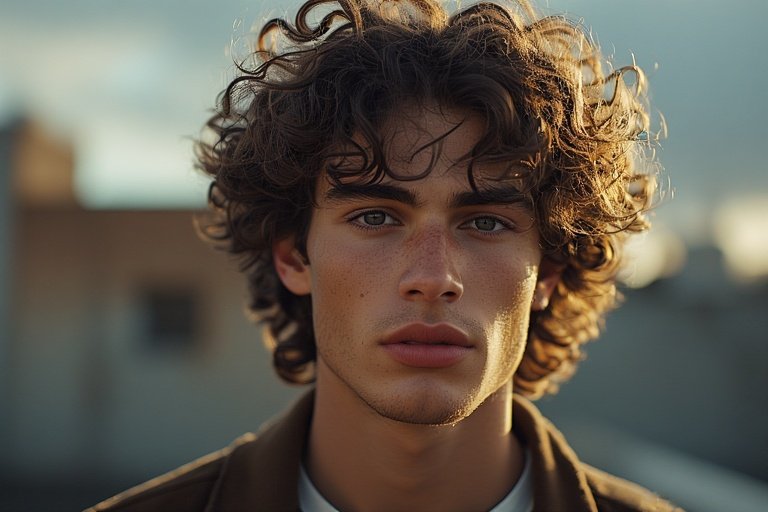 Stylish man with medium-length curly hair and faded sides in natural light, showcasing modern curly hairstyle for men.