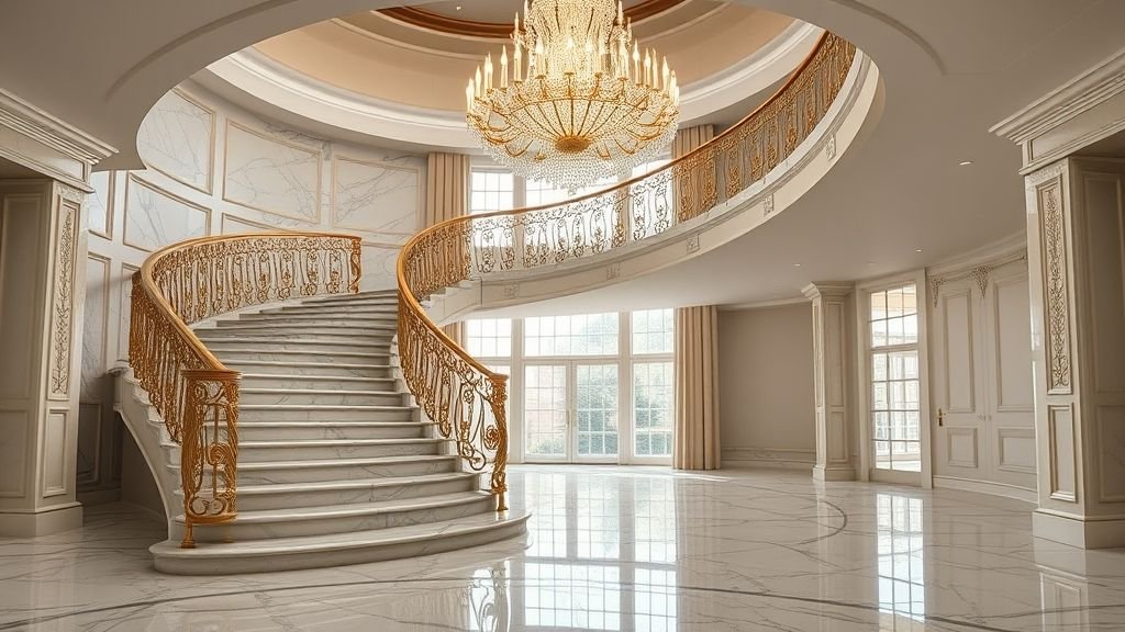 Staircase Design Ideas to Transform Your Home 8 Curved marble staircase with golden railing and crystal chandelier.