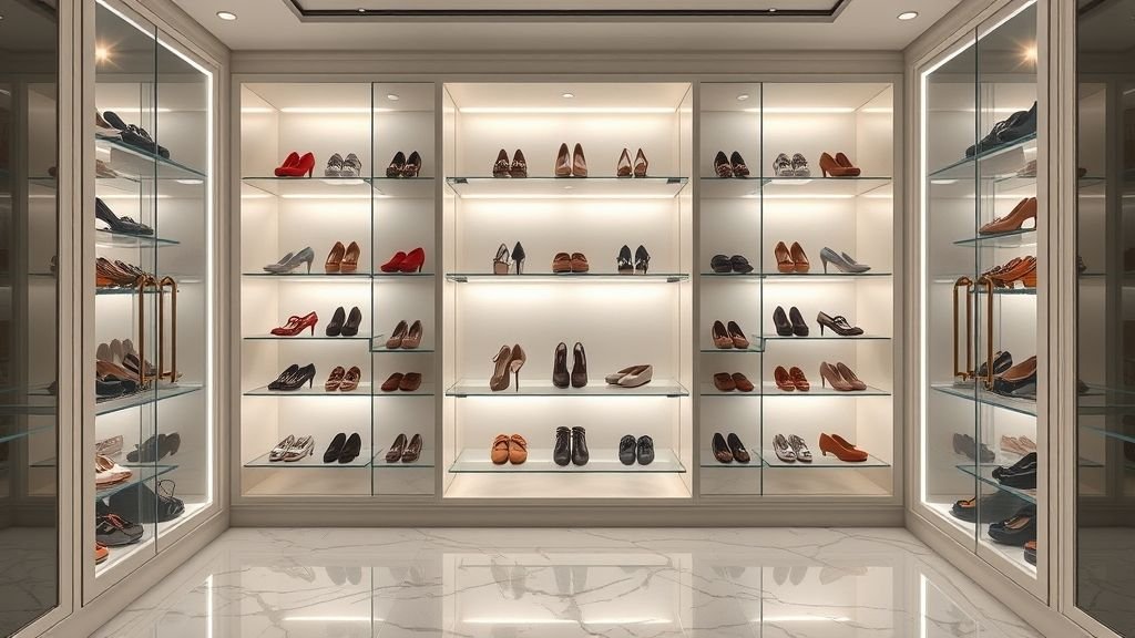 Shoe Storage Ideas for Stylish and Organized Homes 15 Built-in shoe wall with glass doors and LED lighting showcasing designer footwear.