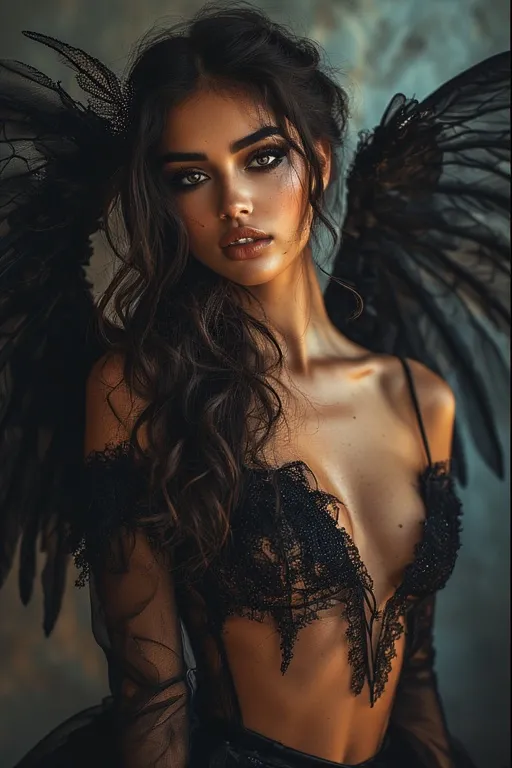 Trendy Halloween Outfit Ideas for a Stylish Spooky Season 10 A model dressed in a fitted black outfit with wings and smoky eyes, showcasing the 2025 “Dark Angel” Halloween trend.
