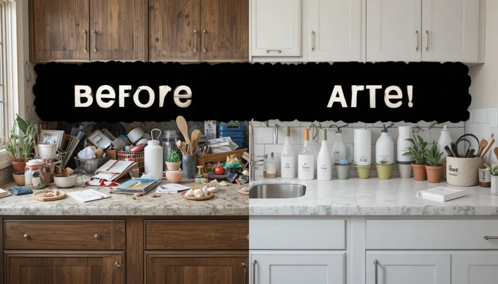 Kitchen Organization Ideas for a Beautiful and Functional Home 2 Kitchen countertop showing decluttering transformation before organizing essentials.