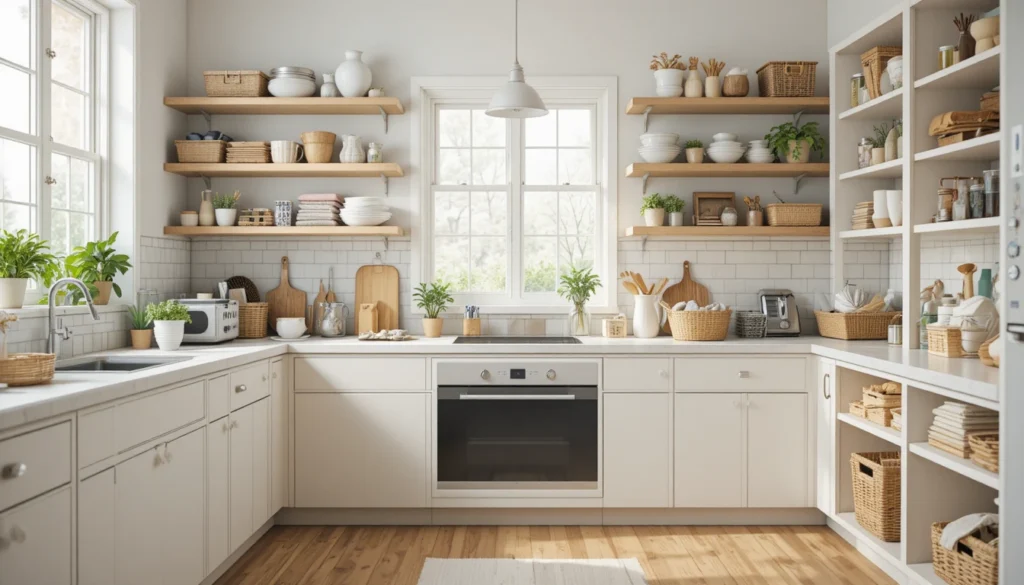Kitchen Organization Ideas for a Beautiful and Functional Home 2 Kitchen being decluttered with sorted items, baskets, and clear shelves before organizing.