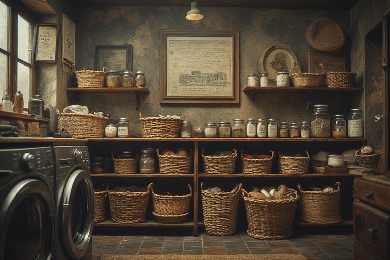 Laundry Room Ideas for Organized and Stylish Living 9 Laundry room with decorative baskets, framed art, and labeled jars.