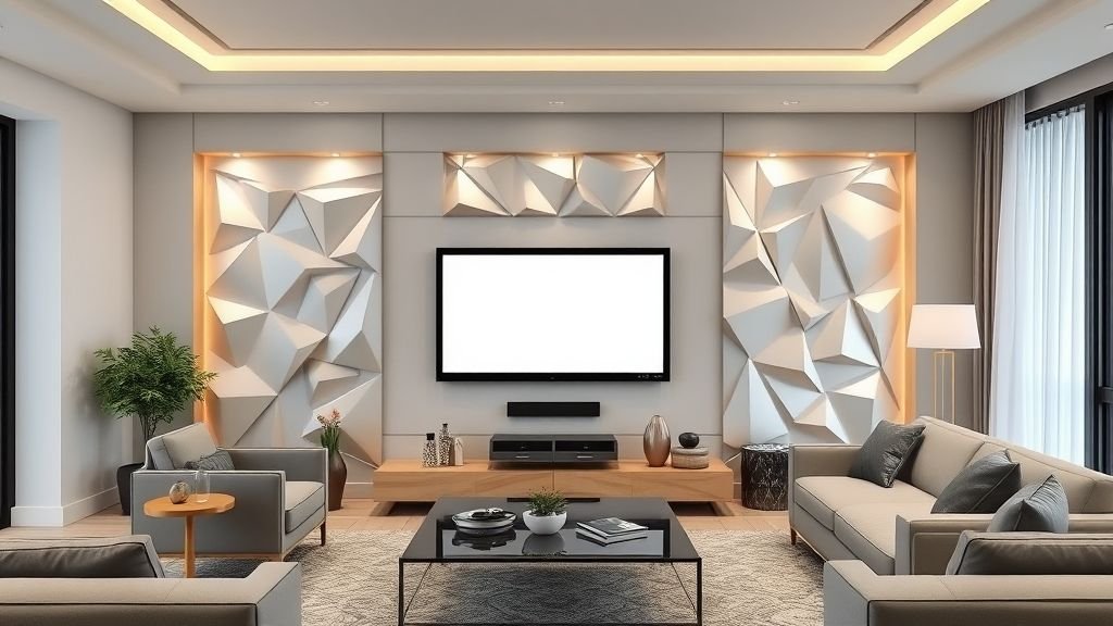 A stylish TV wall with decorative 3D panels adding texture and dimension to a modern living room.