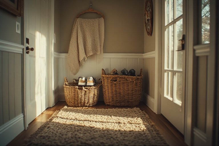 Shoe Storage Ideas for a Stylish and Organized Home 7 Boho-style hallway with woven baskets used for stylish shoe storage.