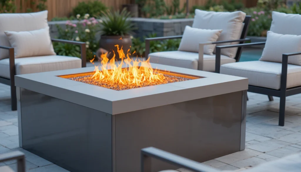Cozy Patio Fire Pit Ideas for a Warm Outdoor Space 15 Modern fire pit with amber glass stones and lounge chairs.