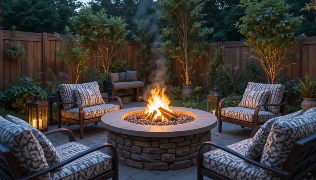 16 Cozy and Modern Backyard Fire Pit Ideas 16 Fire pit decorated with lanterns, metallic accents, and cozy cushions.