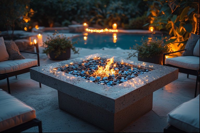 A modern fire pit filled with decorative pebbles and glass stones reflecting the firelight.