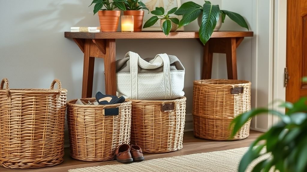 Shoe Storage Ideas for Stylish and Organized Homes 11 Woven wicker baskets filled with shoes near a rustic wooden table in cozy lighting.