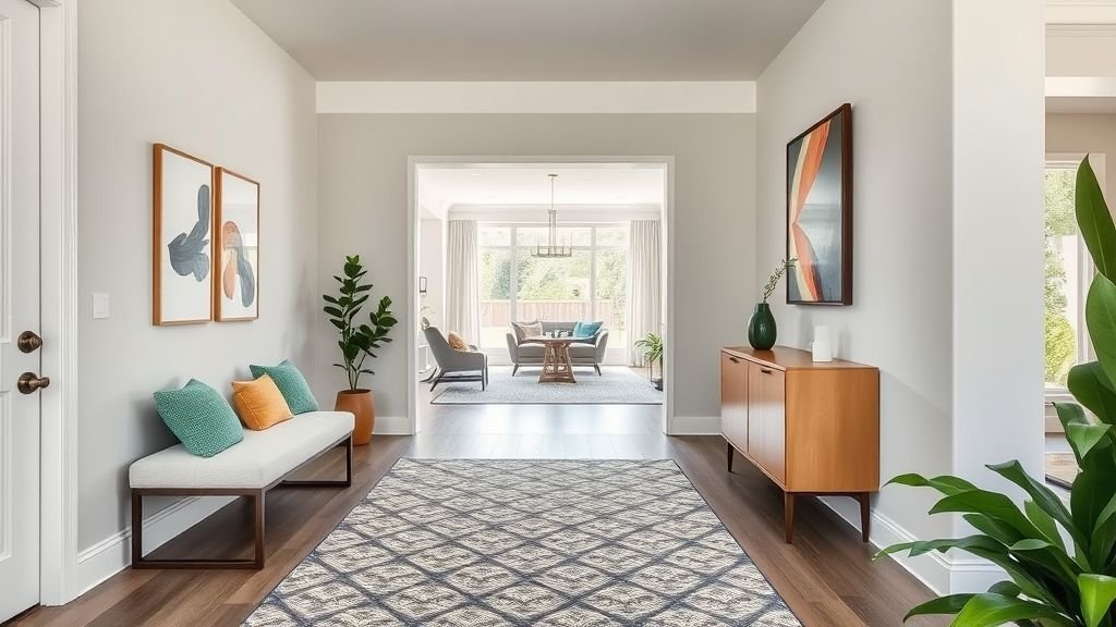 16 Functional Entryway Organization Tips for Everyday Living 3 Modern entryway defined by a rug and bench, creating a structured transition space.