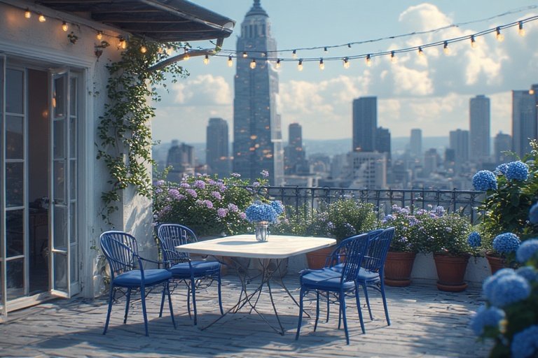 Balcony Ideas Apartment: Transform Your Outdoor Space 6 Apartment balcony with white bistro table, navy chairs, and blue hydrangeas under string lights.