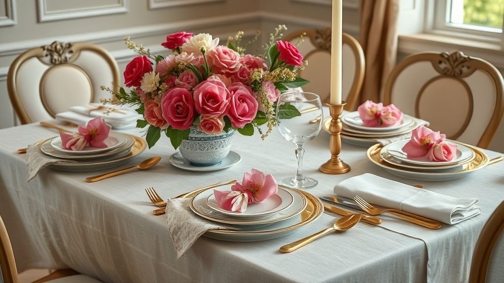 The Raspberry Mille-Feuille Home Aesthetic 8 Dining tablescape with a French touch featuring layered linens and raspberry florals.