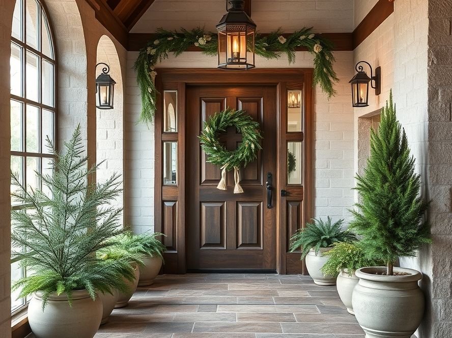 Rustic Entryway Ideas: Transform Your Home’s First Impression 7 Rustic entryway with natural seasonal greenery and plants for decoration.