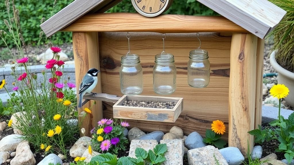 16 Creative DIY Ideas for a Modern Home Garden 11 DIY wooden bird feeder surrounded by flowers and stones in a garden.