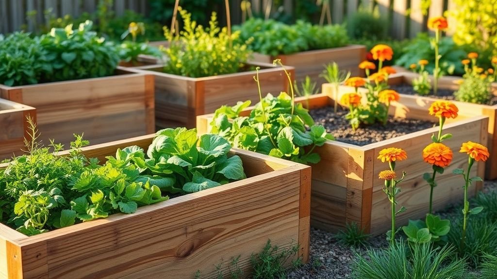 16 Creative DIY Ideas for a Modern Home Garden 5 Raised wooden garden planters with herbs and flowers in a modern garden.