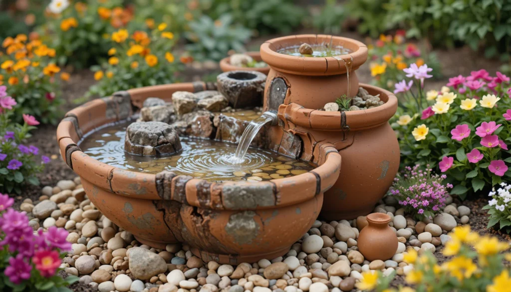 Backyard Water Features for a Serene Outdoor Escape 14 DIY backyard water fountain made from clay pots surrounded by flowers and pebbles.