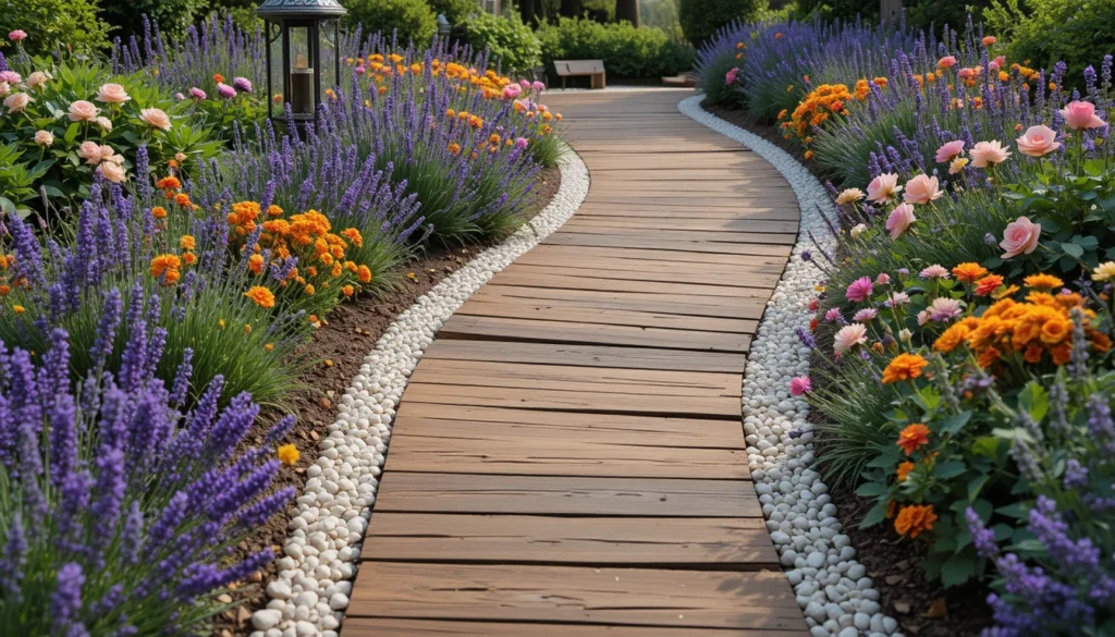 16 Creative DIY Ideas for a Modern Home Garden 2 DIY wooden plank pathway bordered with flowers and white stones in a modern garden.