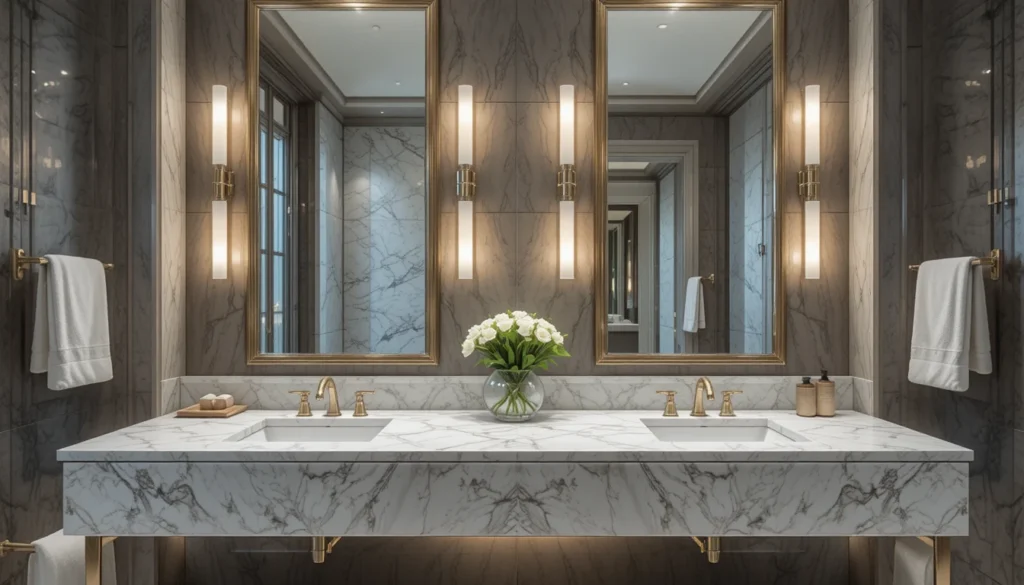 Luxury Bathroom & Shower Design Ideas 6 Double vanity bathroom setup with twin mirrors and marble countertops.