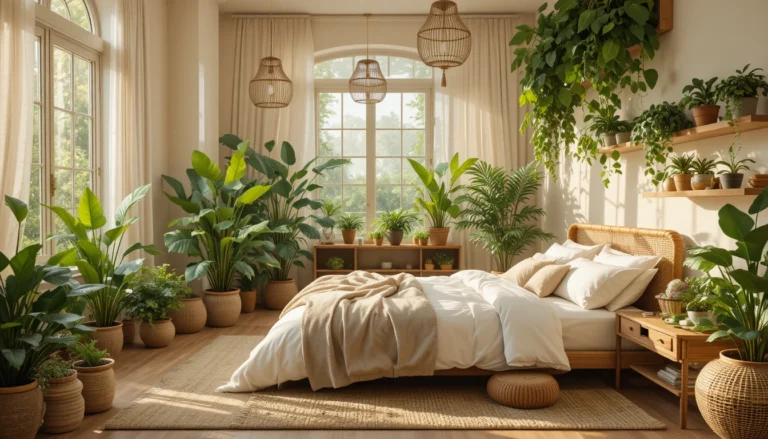 A dreamy bedroom decorated with lush indoor plants, rattan furniture, and natural earthy tones for a serene, plant lover-inspired space.