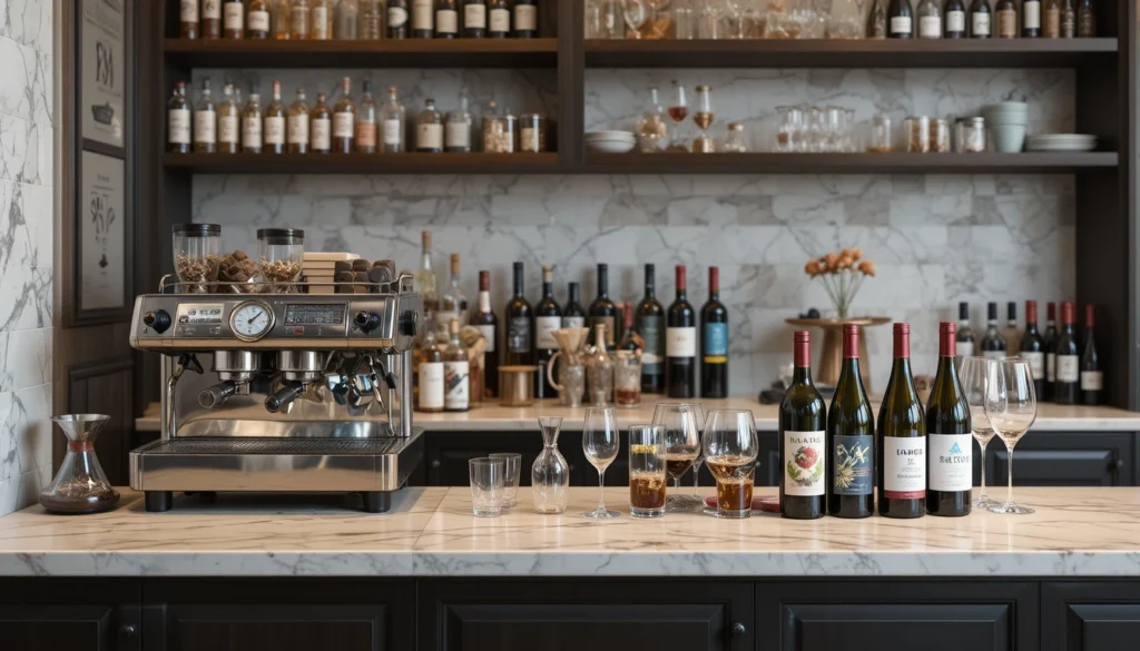 Coffee Bar Ideas for a Stylish and Cozy Home Setup 16 Coffee and wine bar with espresso machine and wine bottles.