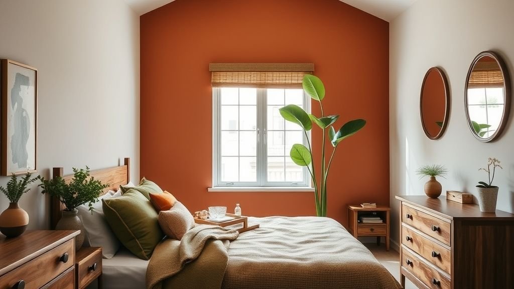 16 Dreamy Plant Lover Bedroom Ideas to Inspire Natural Decor 3 Cozy bedroom with terracotta wall, green pillows, and one tall plant near the window.