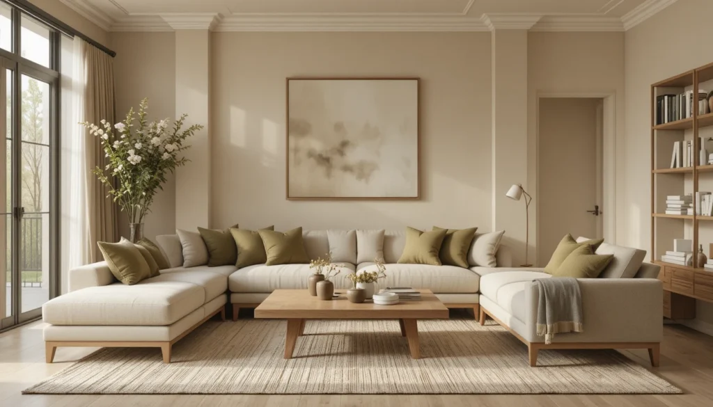 Cozy Home Interiors for Warm and Inviting Spaces 3 Living room in earthy neutral tones with wood and linen textures.