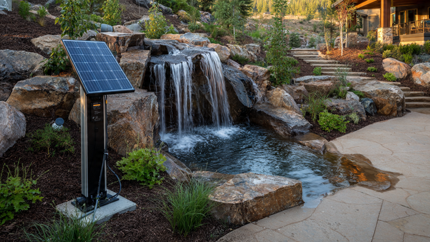 16 Natural Stone Waterfall for Hillside Beauty and Relaxation 13 Solar-powered water pump beside a natural hillside waterfall with modern design.