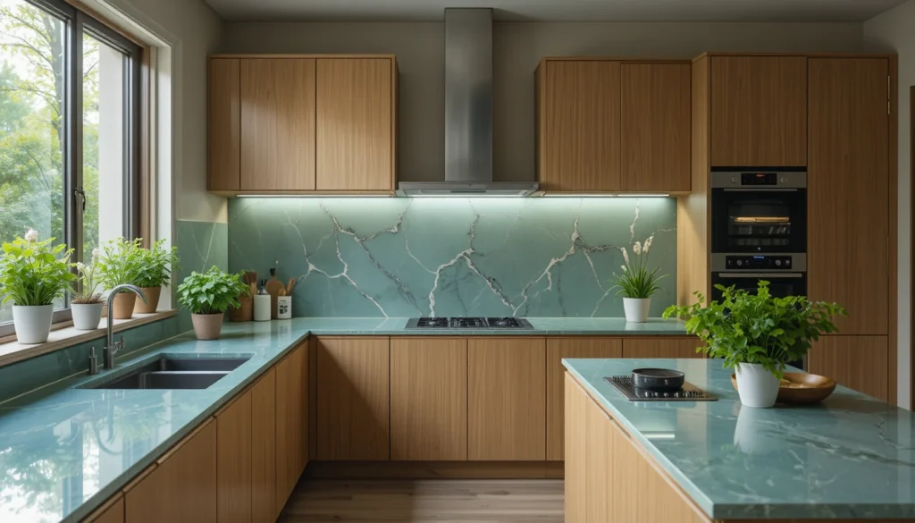 Modern Kitchen Design for Stylish Functional Living 13 Eco-friendly kitchen with bamboo cabinetry, recycled materials, and potted herbs by the window.