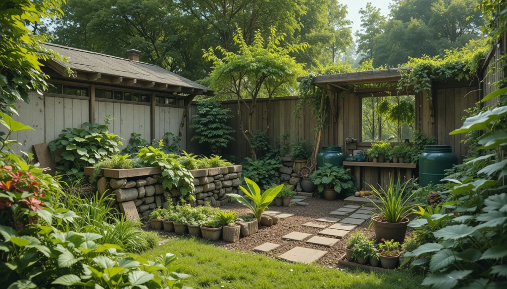 Home Garden Ideas for a Beautiful and Peaceful Outdoor Space 15 Sustainable home garden featuring compost bin, rainwater barrel, and native plants.