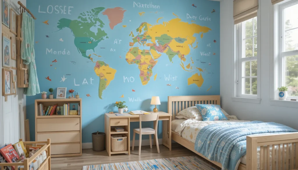 Kids’ room with world map wall art, alphabet posters, and study desk.