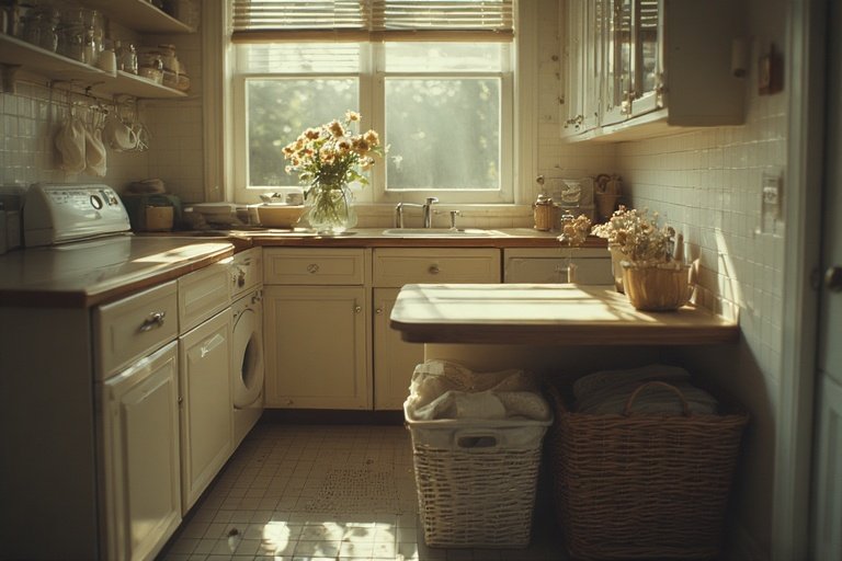Laundry Room Ideas for Organized and Stylish Living 10 Laundry folding station with countertop, storage bins, and cream cabinets.