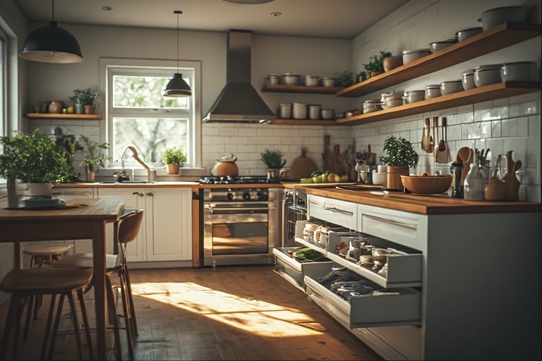 Modern Kitchen Ideas for Stylish and Functional Spaces 12 Sleek kitchen with smart pull-out storage drawers and minimal design.