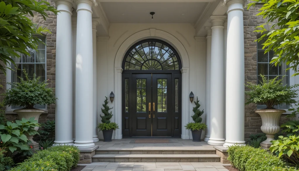 Elegant home entryway with white columns, black double doors, and arched stone design.