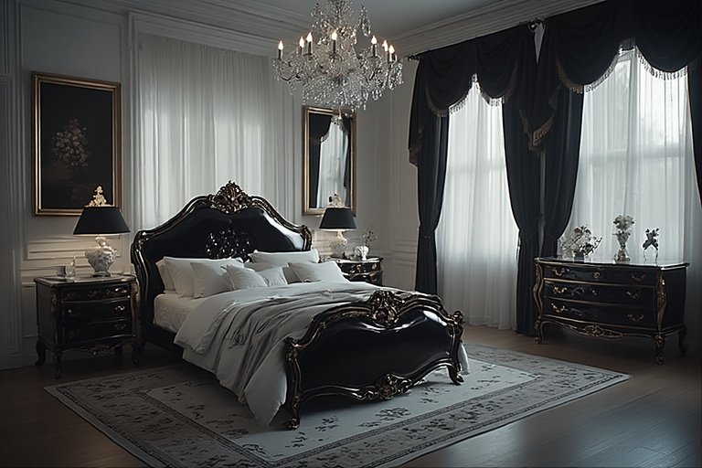 10 Elegant Bedroom Interiors for Modern Homes 9 Black and white elegant bedroom with crystal chandelier and classic furniture.