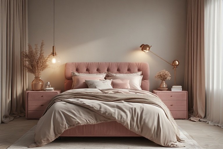 10 Elegant Bedroom Interiors for Modern Homes 4 Elegant bedroom with blush and beige tones, rose-gold lighting, and soft fabrics.