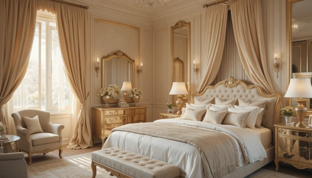 10 Elegant Bedroom Interiors for Modern Homes 11 Elegant bedroom with champagne and cream tones, gold accents, and soft lighting.