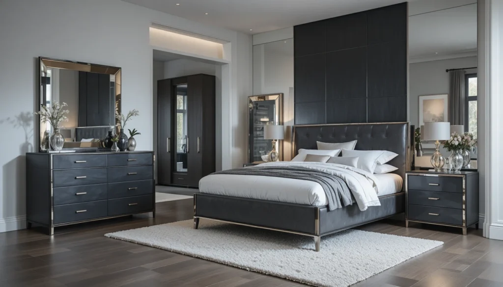 10 Elegant Bedroom Interiors for Modern Homes 3 Modern bedroom with charcoal furniture, silver accents, and minimalist decor.